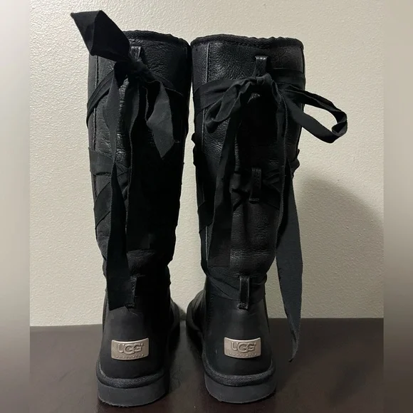 UGG Australia Tall Lace Ribbon Black Leather Sherpa Lined Boots Size 8 - Picture 7 of 13